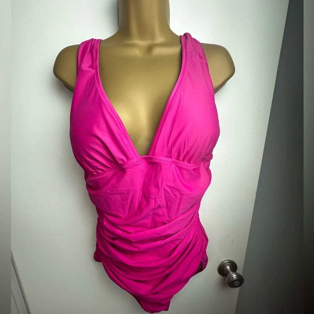 J.Crew Hot Pink Recycled Poly Ruched V-neck Flattering One-Piece Swimsuit NWT 22